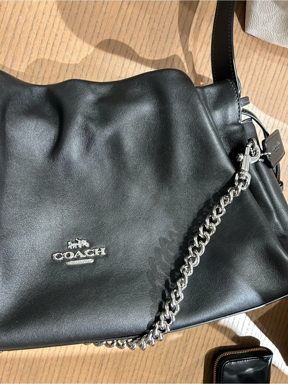 Coach Black calf  Leather cloud Shoulder Bag with Silver Chain  new